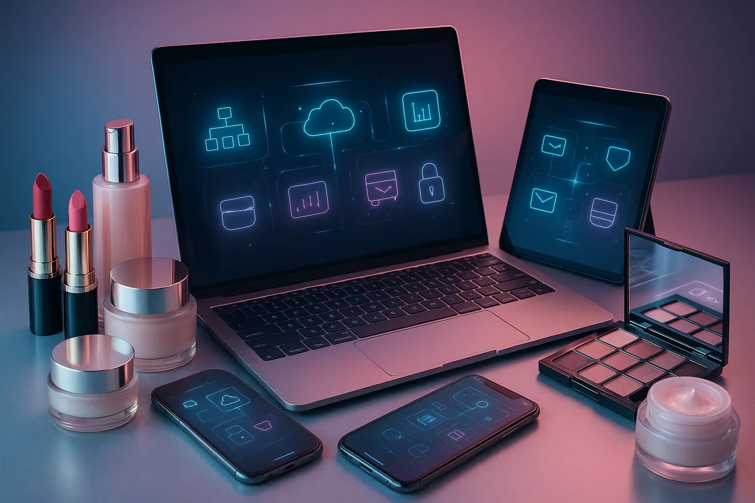 زیرساختهای دیجیتال تأمین کننده آرایشی با نمایش محصولات آرایشی در کنار لپتاپ و فناوریهای مدرن به سبک واقعگرایانه
