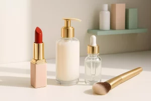 نمای واقعی محصولات یک تأمین کننده آرایشی معتبر روی میز کاری مدرن و شیک