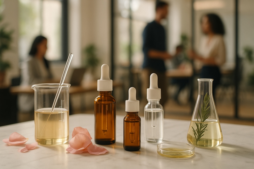 تصویری واقعگرایانه و مجلهای از مفهومی نو در تولید بدون کارخانه در صنعت آرایشی ایران، با بطریهای شیشهای، مواد طبیعی و فضایی الهامبخش.