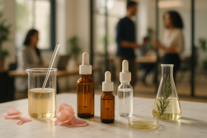 تصویری واقع‌گرایانه و مجله‌ای از مفهومی نو در تولید بدون کارخانه در صنعت آرایشی ایران، با بطری‌های شیشه‌ای، مواد طبیعی و فضایی الهام‌بخش.