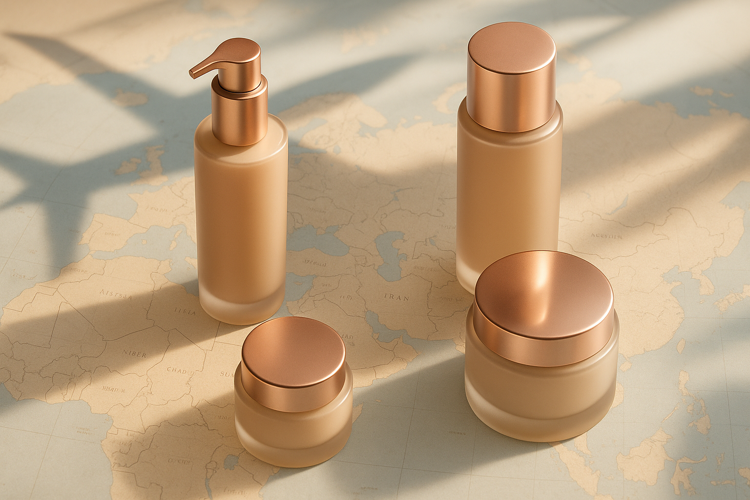 تصویری مجلهای از ورود آسان محصولات صنعت آرایشی ایران به بازار جهانی در مدل تولید بدون کارخانه، با بستهبندی لوکس و رنگهای زیبا.