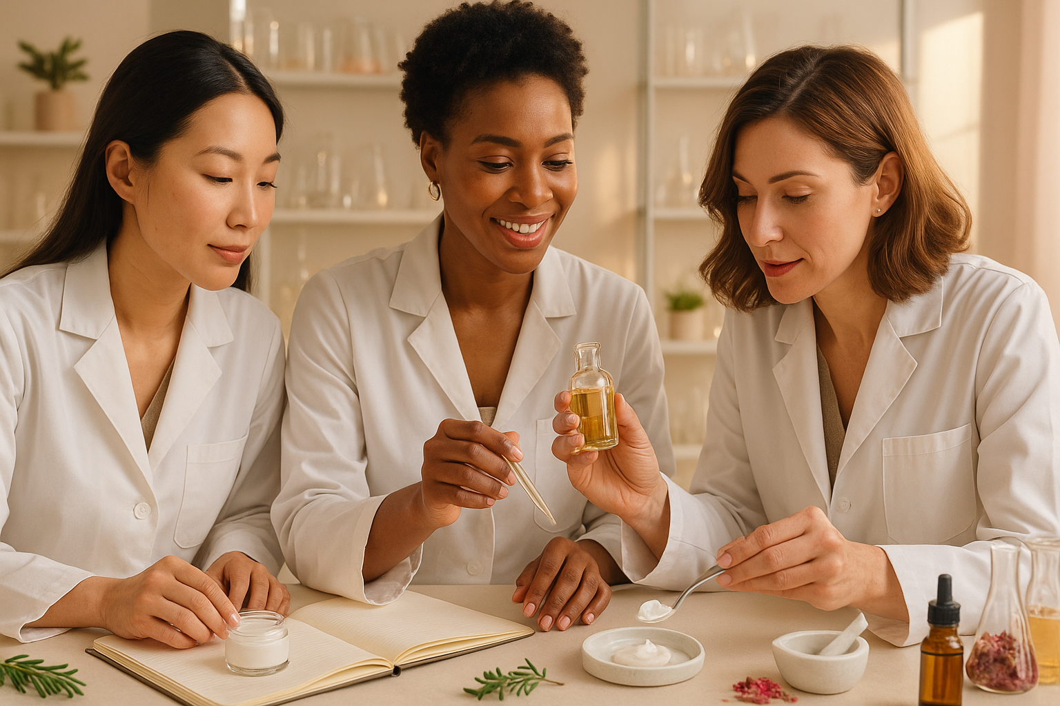 تصویری مجلهای و واقعی از همکاری و استفاده از تجربه تولیدکنندهها در مدل تولید بدون کارخانه در صنعت آرایشی، با فضایی روشن و الهامبخش.