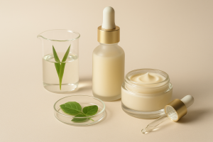 تصویر واقع‌گرایانه مواد اولیه و محصولات زیبایی برای شرکت‌های وارد کننده آرایشی و بهداشتی در سبک کاور مجله‌ای