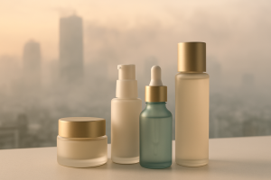 تصویر واقع‌گرایانه از محصولات زیبایی با پس‌زمینه آلودگی هوا و تاکید بر فرمولاسیون محصولات مراقبت از پوست