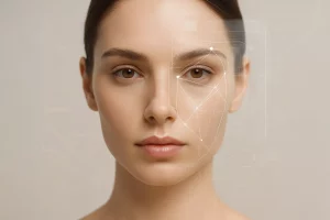 نمایش واقع‌گرایانه ترکیب تکنولوژی و زیبایی با تمرکز بر هوش مصنوعی در صنعت زیبایی، در فضایی مدرن و مجله‌ای